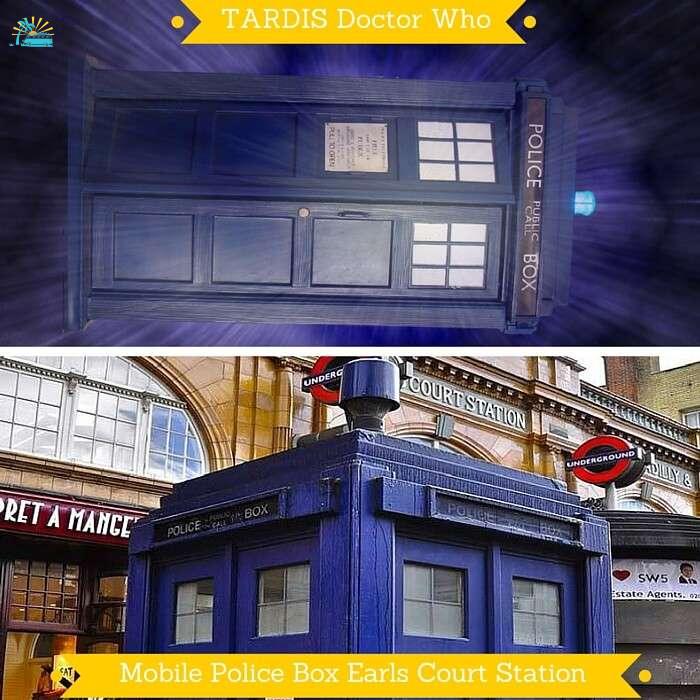 TARDIS from Doctor Who and the real mobile police box at Earls Court Station