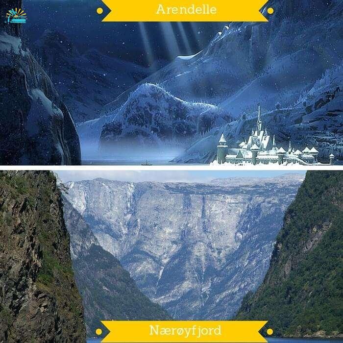 The Kingdom of Arendelle from the movie Frozen and Nærøyfjord in Norway on which it is based