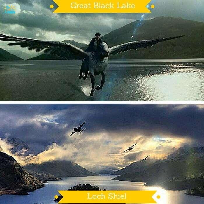 Harry riding on Buckbeak over Great Lake and aeroplanes flying over the Loch Shiel that inspired the shot