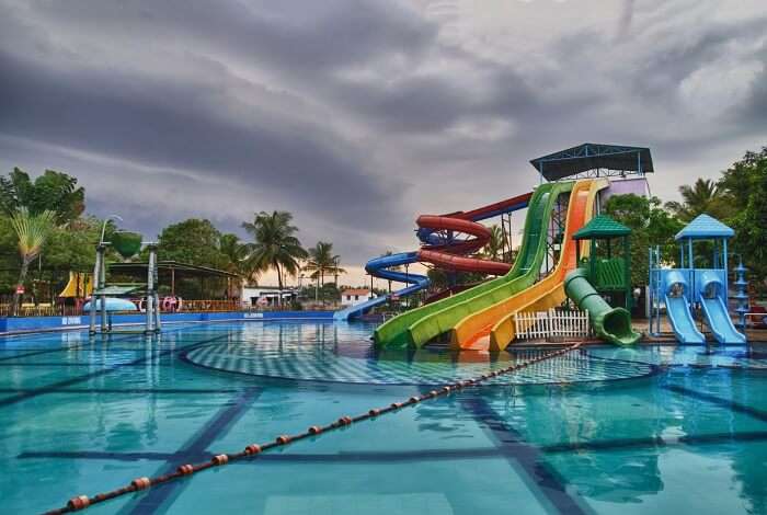 A late evening shot of the water ride and pool at the MGM Dizzee World water park in Chennai