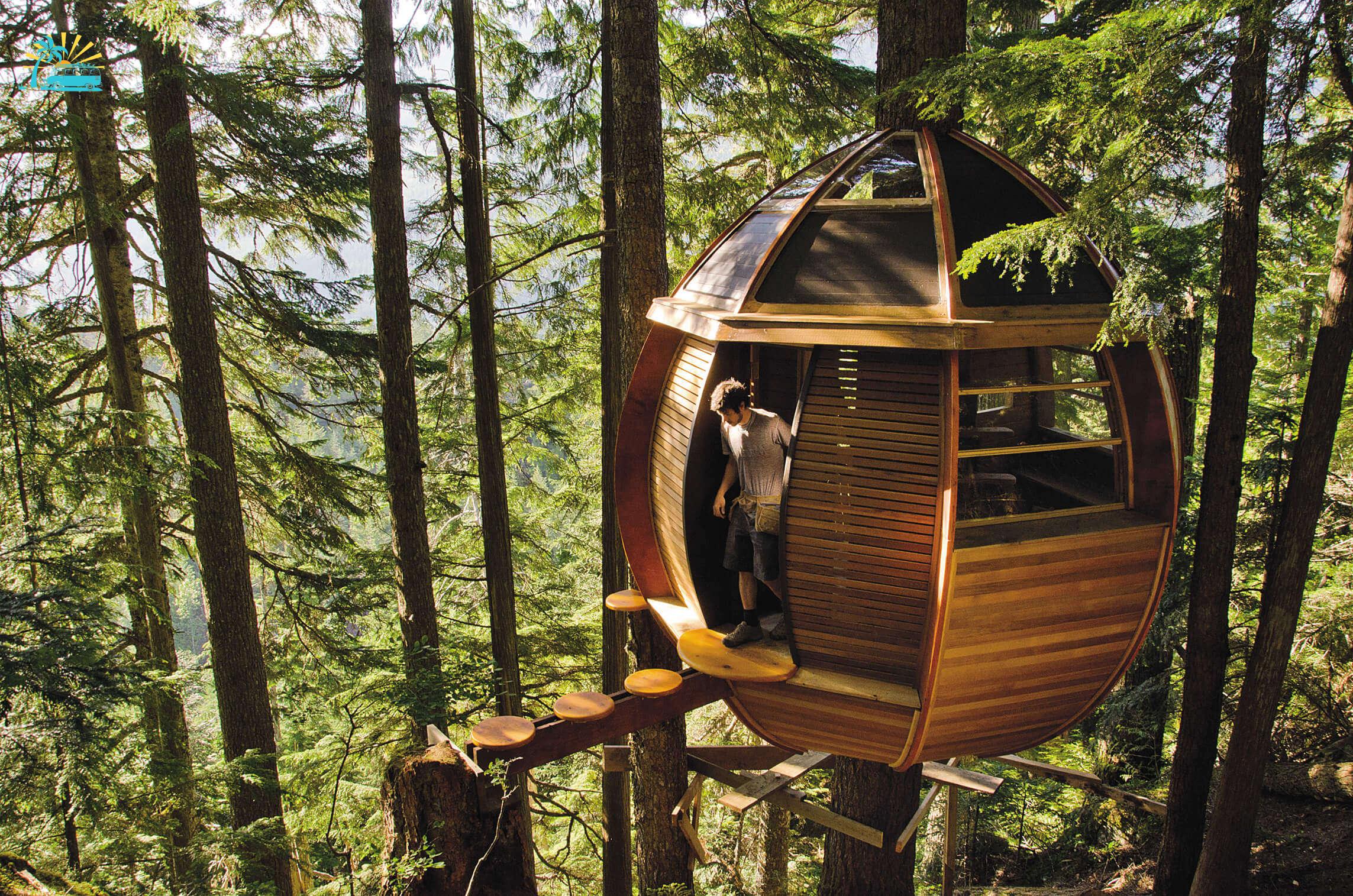 A man coming out of the Hemloft Treehouse in Whistler in Canada
