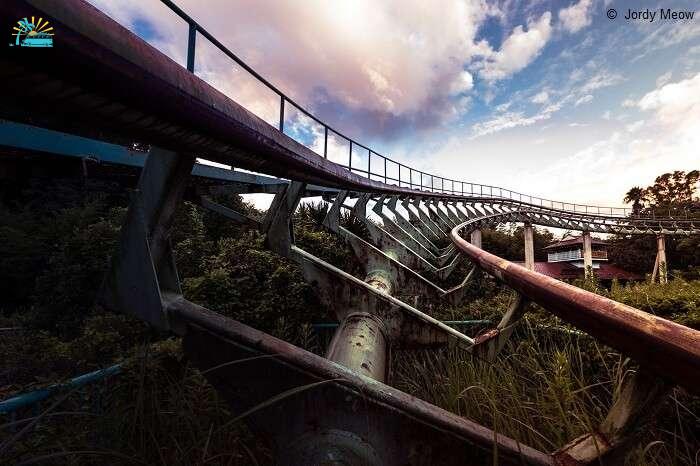 A snap of a roller coaster track at the Nara Dreamland Theme Park in Japan
