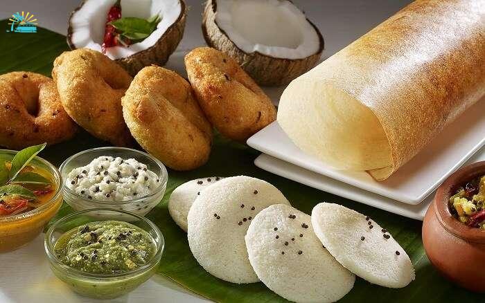A south Indian platter with idli-vada-dosa and the various chutneys