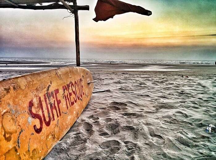 A sunset view of the surfing shack at the Mandrem Beach in Goa