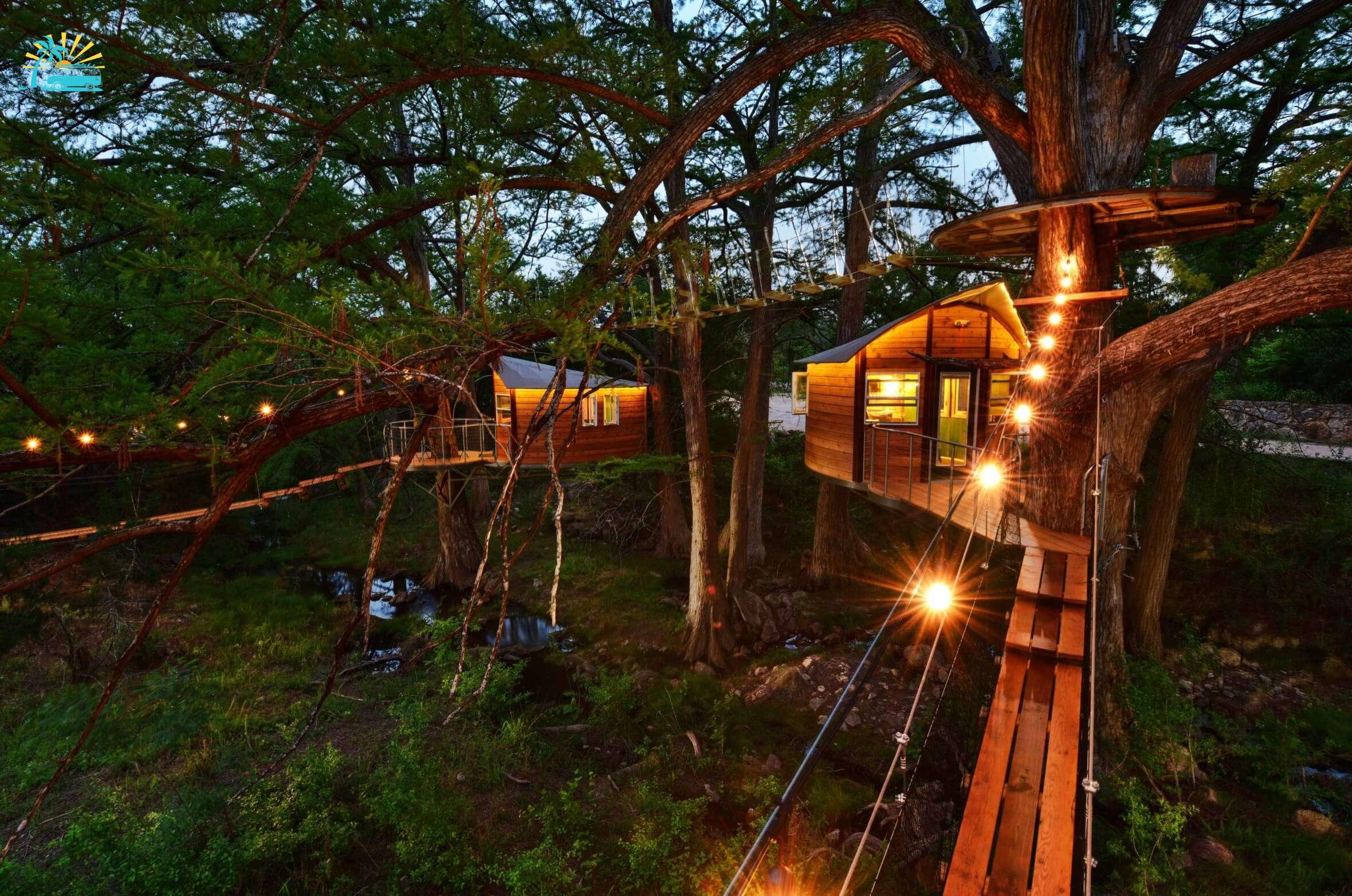A view of beautiful treehouses in Cypress Valley in Texas