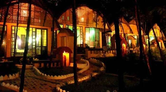 A view of the beautiful resort entrance at night