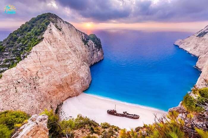 Aerial view of Navagio Beach that is one of the best sandy white beaches in the world