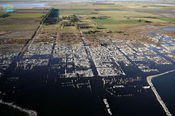 An aerial shot of the ruins of Villa Epecuén in Argentina