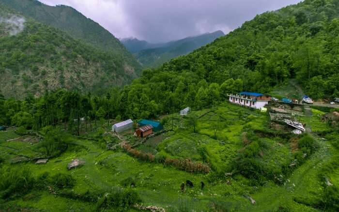 An aerial view of Chopta Base Camp in Uttarakhand