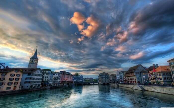 An evening view of Zurich