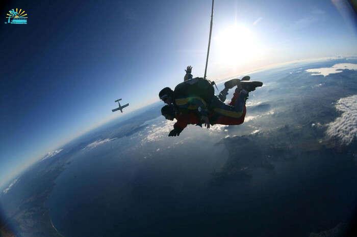 Beautiful view of skydivers in Rotorua in New Zealand