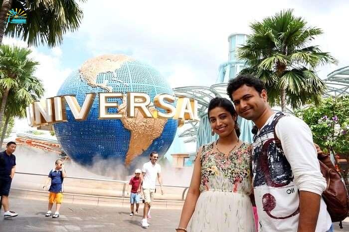 Bhargav and his wife in Universal Studio Singapore