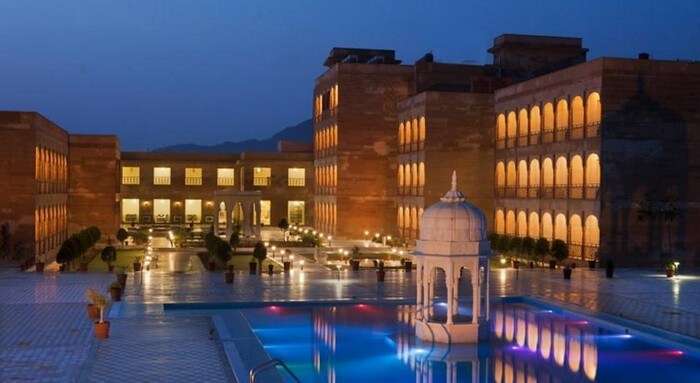 Evening lamps lighting up Pratap Palace - another name among best Pushkar resorts