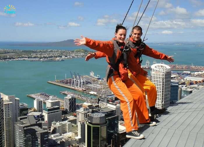 Honeymooners try sky-jumping at sky towers on their honeymoon trip to New Zealand