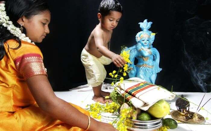 Kids preparing for Vishu festival