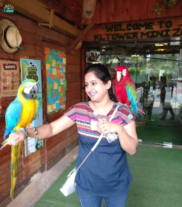 Lady enjoying with parrot