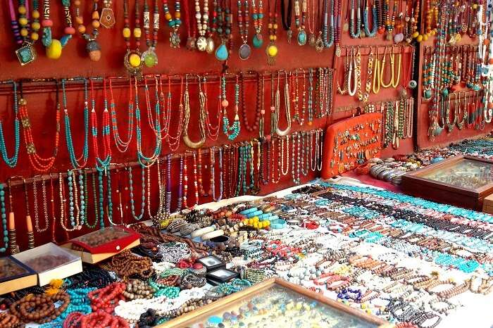 Numerous jewelry items on display at one of the street markets in Mcleodganj