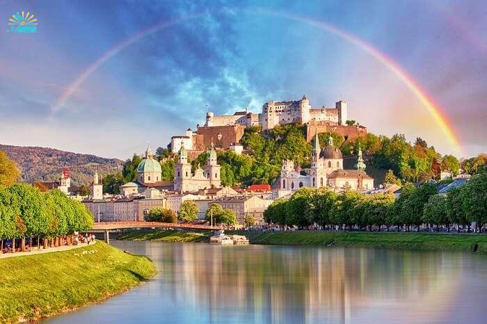 Rainbow over Salzburg castle