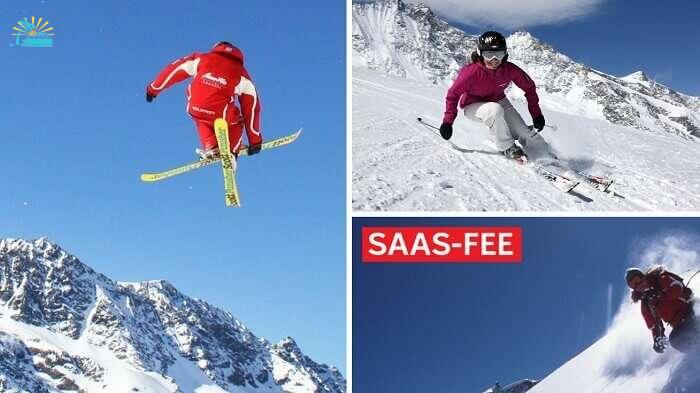 Snowboarding at skiing at Saas Fee Ski Resort in Switzerland