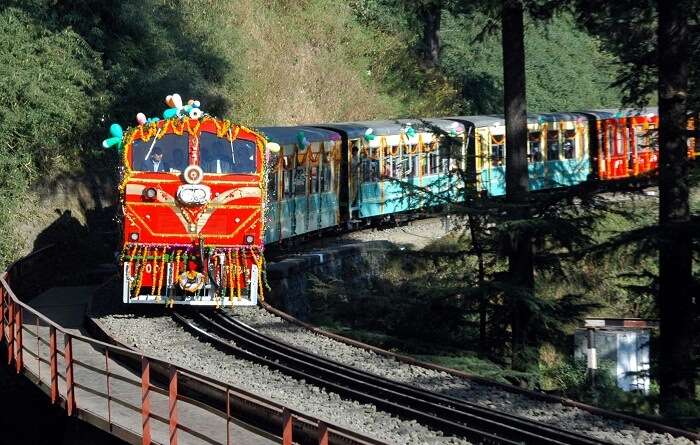 The colorful toy train plying between Dharampur and Barog
