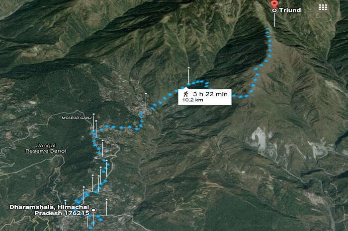 The map showing the Triund trek route