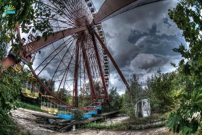 The spooky looking Spreepark amusement park at Berlin in Germany