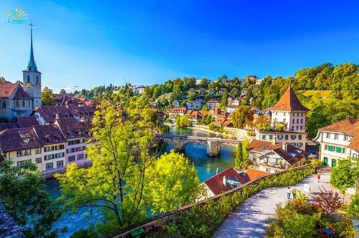 View of old city center with river Aare at Bern in Switzerland