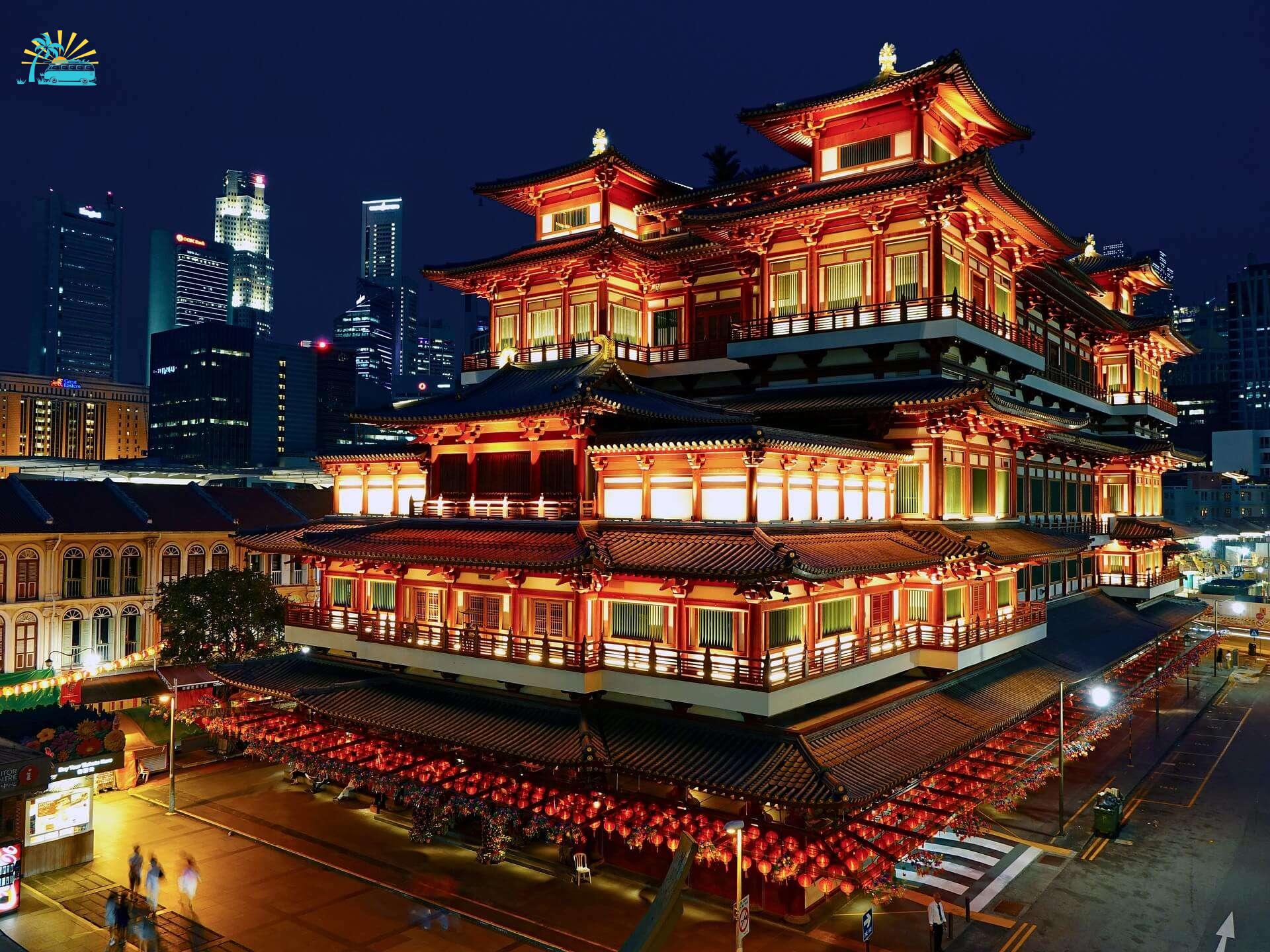 a Chinese style building well lit at night