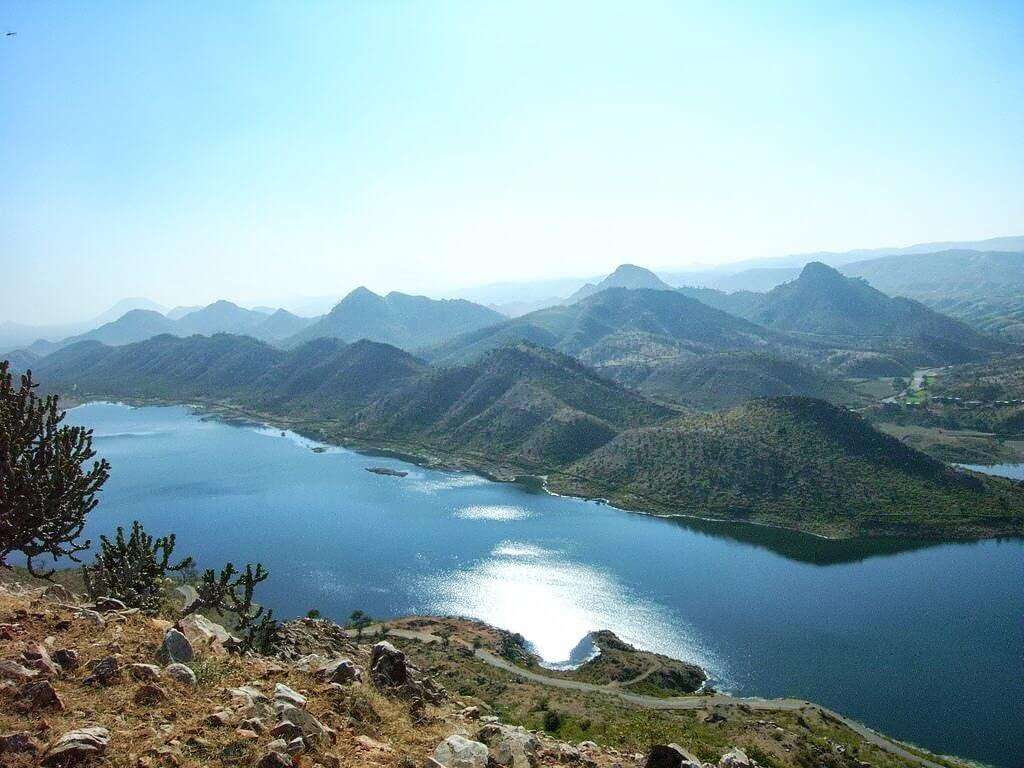a lake amid mountains