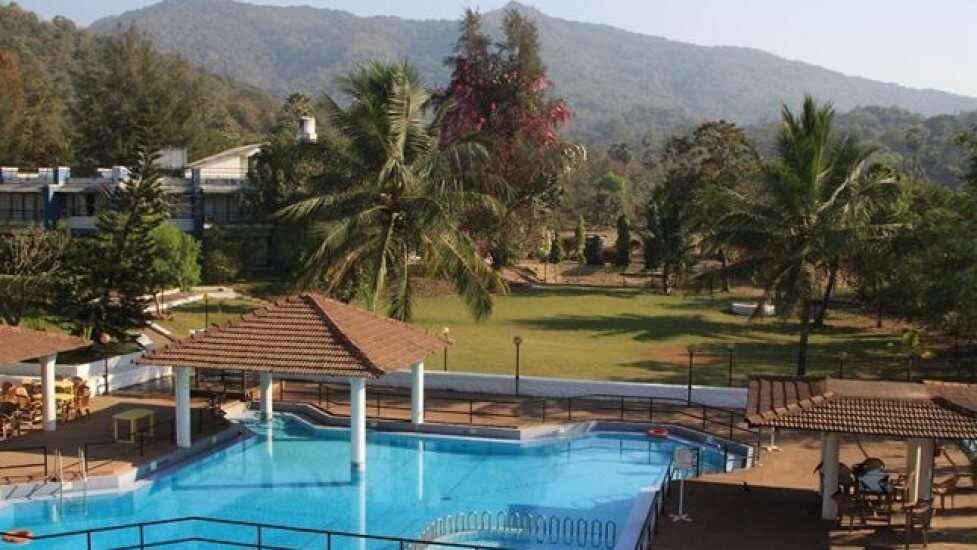 a large blue outdoor pool in a resort surrounded by pal trees