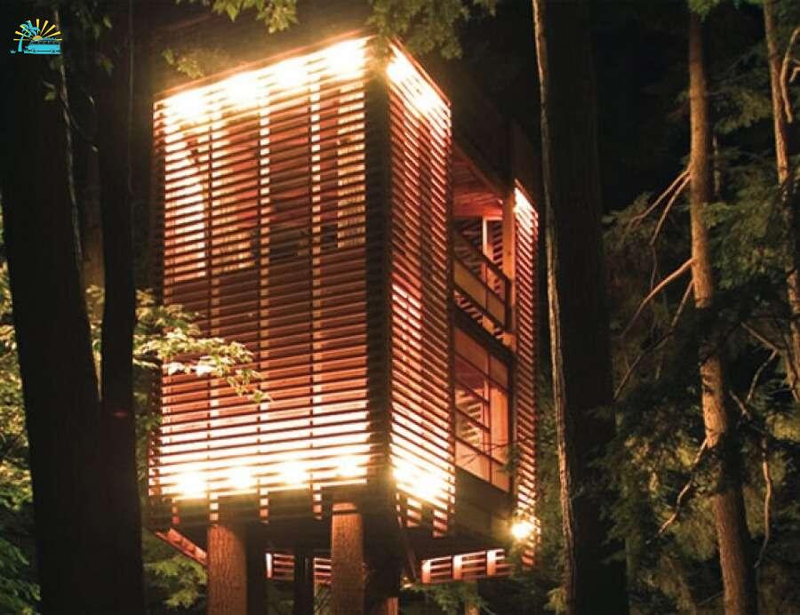 a well-lit treehouse in Muskoka in Canada