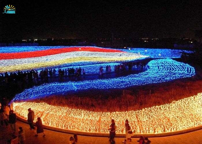 aerial view of tunnel of lights Winter festival Japan