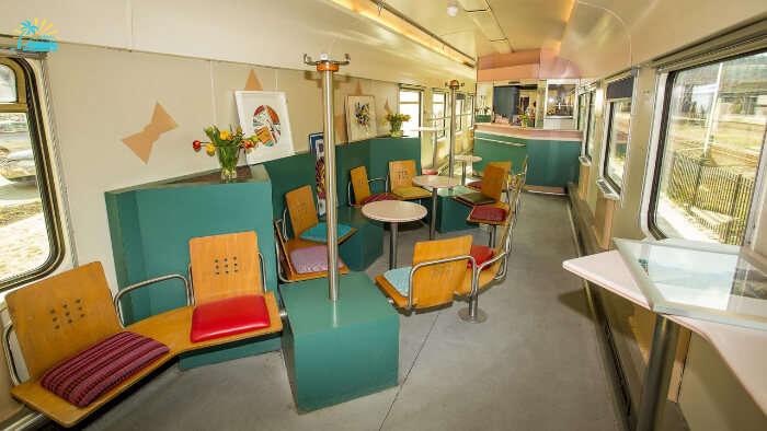 built into colorful train compartments