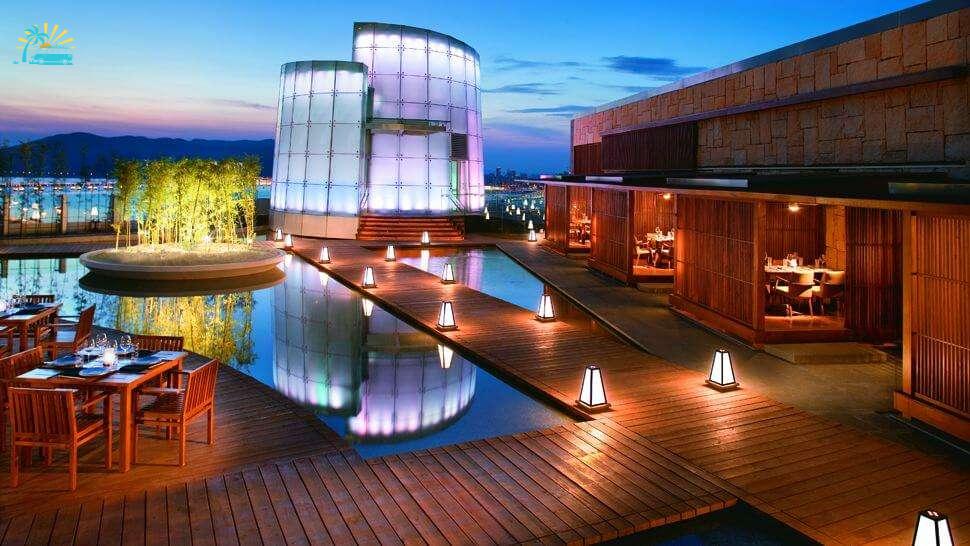 rooftop restaurant surrounded with artificial ponds