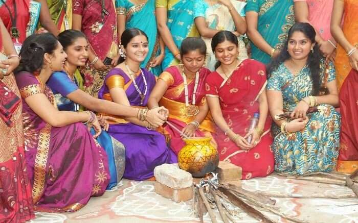 women cooking Pongal during Pongal festival